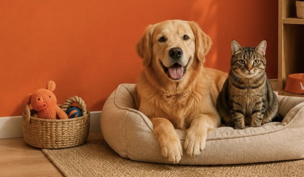 Un perro y un gato en su cama frente a una pared naranja