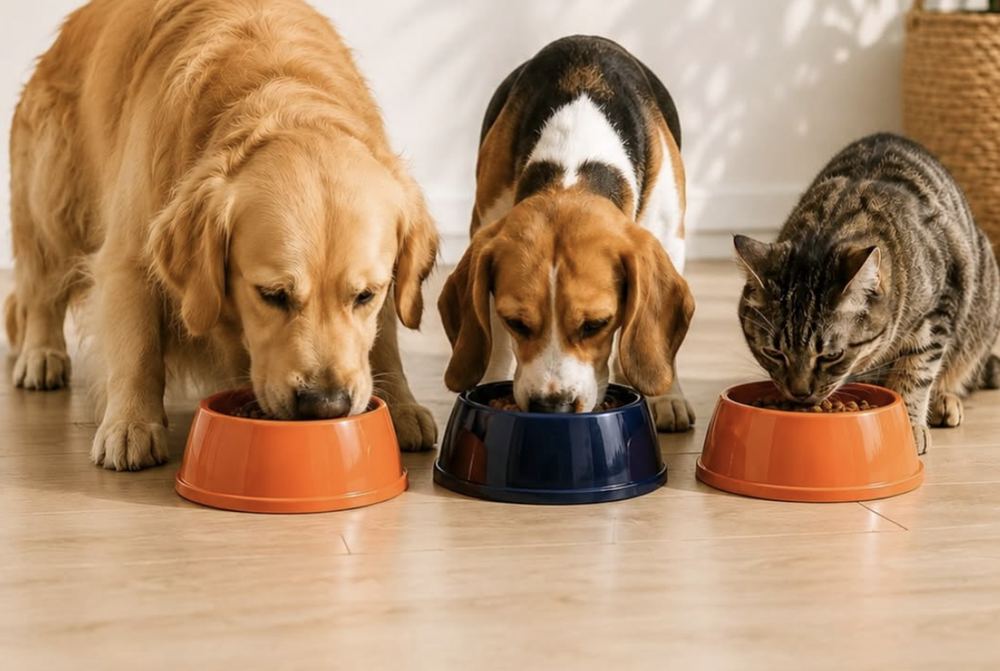 Dos perros y un gato comiendo de sus platos