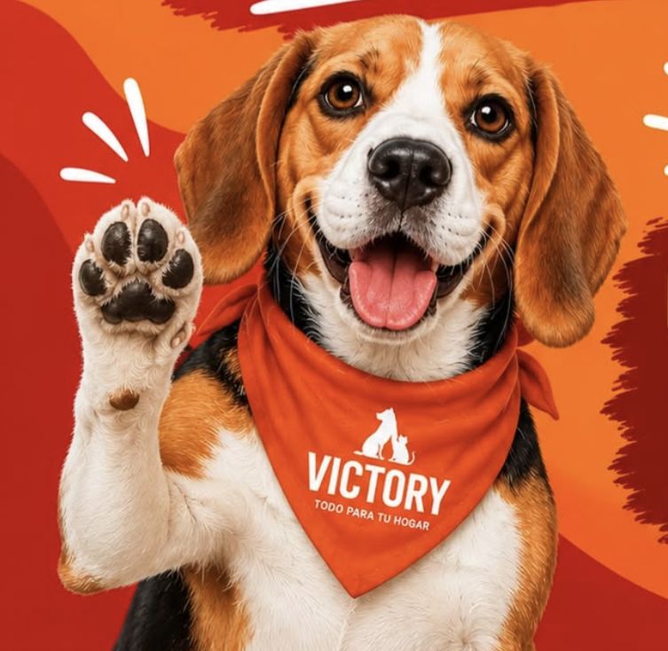 Rocco, un beagle con pañuelo naranja de Victory, saludando con la pata